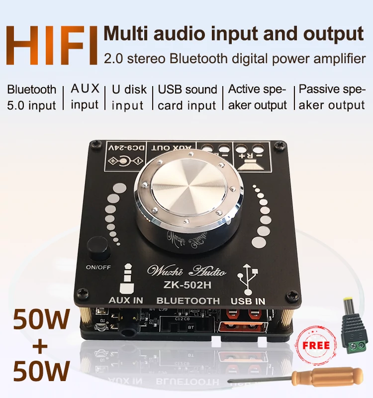 ZK-502H HiFi sztereó erősítő, Bluetooth 5.0, AUX, 2*50W